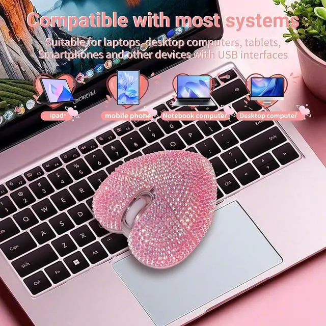 Alt view image 4 of 7 - Wireless Bluetooth Mouse, Rechargeable Silent and Stylish Heart-Shaped Mouse for Laptop, PC - 10m Range (Pink)