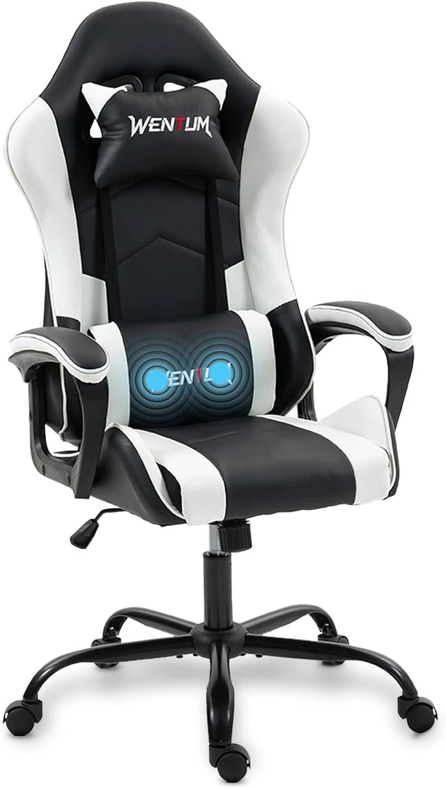 Main image of Gaming Chair PU Leather Massage PC Video Game Chair with Lumbar Support for Men Women, Home Office, Height Adjustable, Ergonomic, High Back, White
