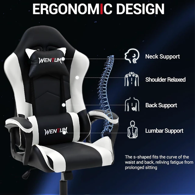Alt view image 4 of 7 - Gaming Chair PU Leather Massage PC Video Game Chair with Lumbar Support for Men Women, Home Office, Height Adjustable, Ergonomic, High Back, White