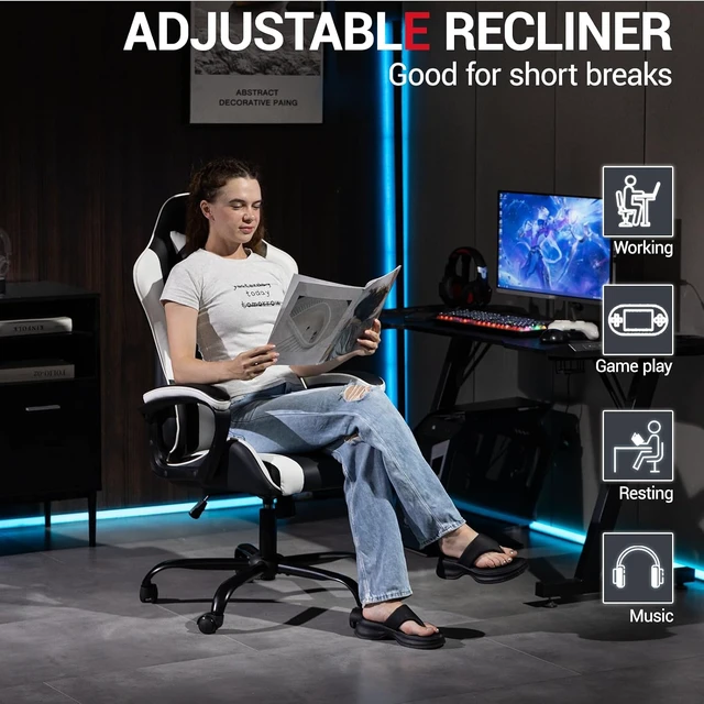Alt view image 6 of 7 - Gaming Chair PU Leather Massage PC Video Game Chair with Lumbar Support for Men Women, Home Office, Height Adjustable, Ergonomic, High Back, White