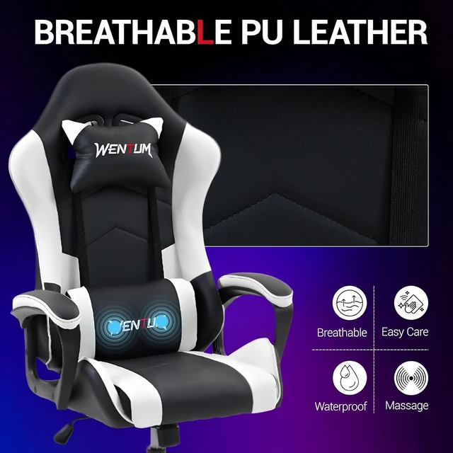 Alt view image 7 of 7 - Gaming Chair PU Leather Massage PC Video Game Chair with Lumbar Support for Men Women, Home Office, Height Adjustable, Ergonomic, High Back, White