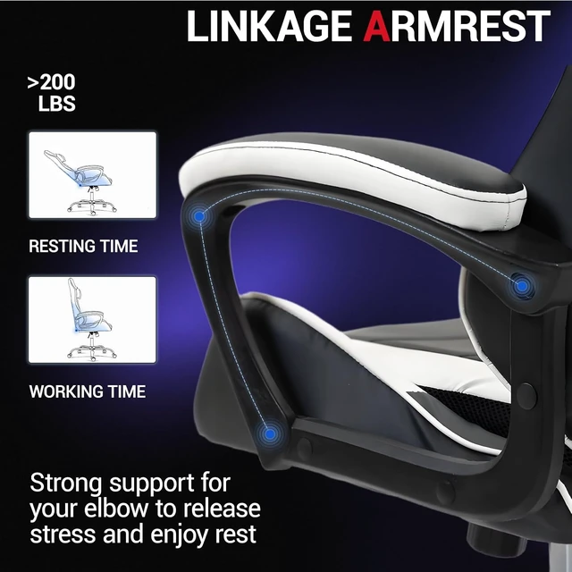 Alt view image 5 of 7 - Gaming Chair PU Leather Massage PC Video Game Chair with Lumbar Support for Men Women, Home Office, Height Adjustable, Ergonomic, High Back, White