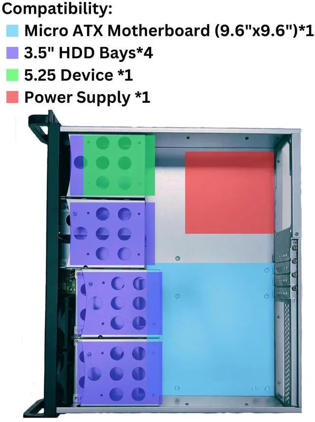 Alt view image 9 of 12 - RACKOWL 2U Server Case/ Rackmount Server Chassis, 4x 3.5"/2.5" HDD Bay, 1x 5.25" Device, Micro-ATX Motherboard Support ; Fans: Rear 2x 80mm, Size: 16.9"x3.5"x15.0"