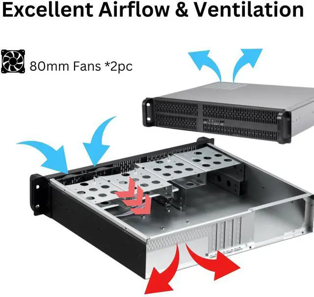 Alt view image 8 of 12 - RACKOWL 2U Server Case/ Rackmount Server Chassis, 4x 3.5"/2.5" HDD Bay, 1x 5.25" Device, Micro-ATX Motherboard Support ; Fans: Rear 2x 80mm, Size: 16.9"x3.5"x15.0"