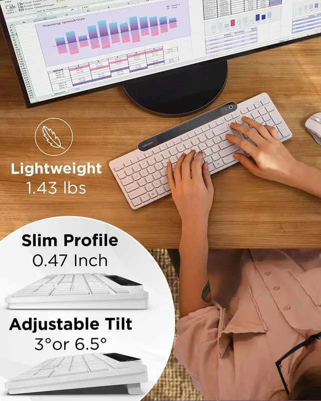 Alt view image 7 of 14 - Lenovo 800 Self-Charging Bluetooth Keyboard, Uses Ambient Light for Charging, Bluetooth 5.1, Supports 3 Devices, Battery Free, Wireless, White