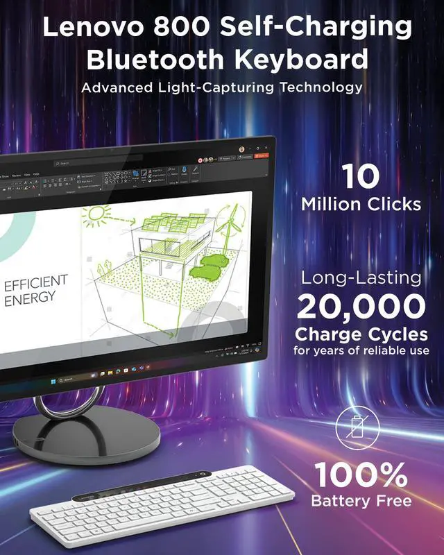 Alt view image 2 of 14 - Lenovo 800 Self-Charging Bluetooth Keyboard, Uses Ambient Light for Charging, Bluetooth 5.1, Supports 3 Devices, Battery Free, Wireless, White