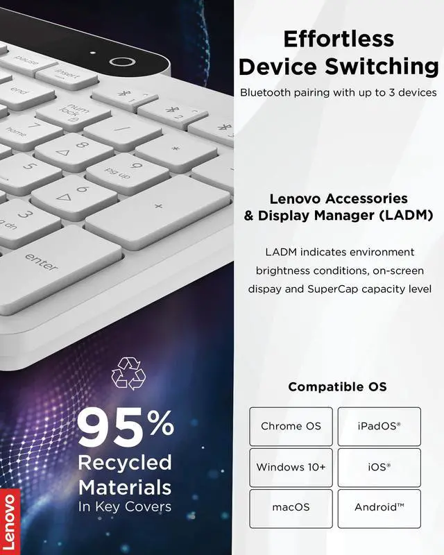 Alt view image 4 of 14 - Lenovo 800 Self-Charging Bluetooth Keyboard, Uses Ambient Light for Charging, Bluetooth 5.1, Supports 3 Devices, Battery Free, Wireless, White
