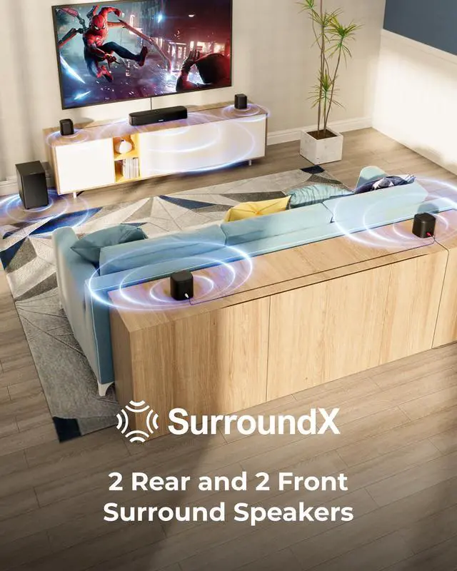 Alt view image 3 of 7 - 7.1ch Surround Sound Bar for Smart TV, with 4 Surround Speakers, Peak Power 330W, Surround Sound System Soundbar with Subwoofer, HDMI ARC, Bluetooth 6.0, Optical, Aux, Aura A40 Pro, 2026 Model