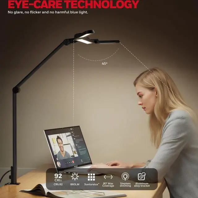 Alt view image 2 of 14 - Wide Desk Lamp with Clamp for Dual Monitors, 22W Full-Spectrum Eye-Caring LED Desk Lamp for Home Office, 3-Section Adjustable Architect Light for Large Desk, Stepless Dimming, 3000K-5700K