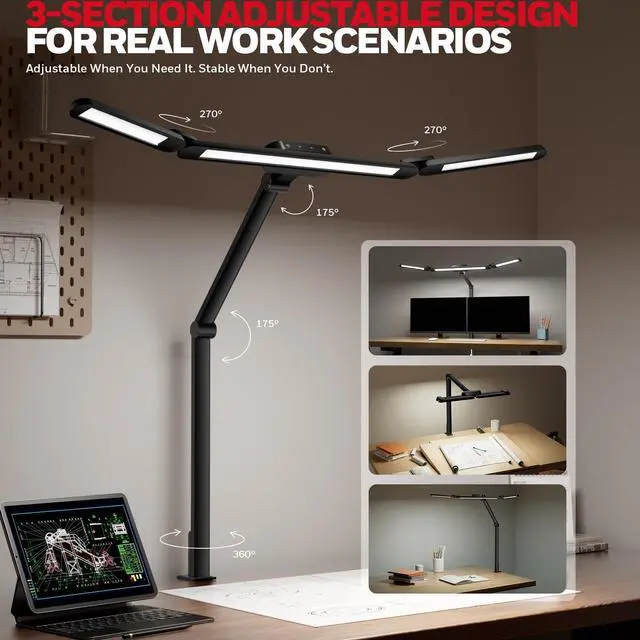Alt view image 3 of 14 - Wide Desk Lamp with Clamp for Dual Monitors, 22W Full-Spectrum Eye-Caring LED Desk Lamp for Home Office, 3-Section Adjustable Architect Light for Large Desk, Stepless Dimming, 3000K-5700K