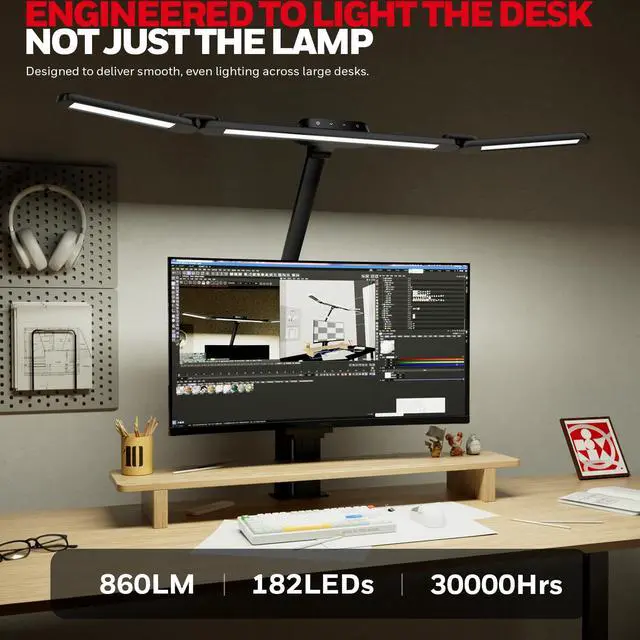 Alt view image 7 of 14 - Wide Desk Lamp with Clamp for Dual Monitors, 22W Full-Spectrum Eye-Caring LED Desk Lamp for Home Office, 3-Section Adjustable Architect Light for Large Desk, Stepless Dimming, 3000K-5700K