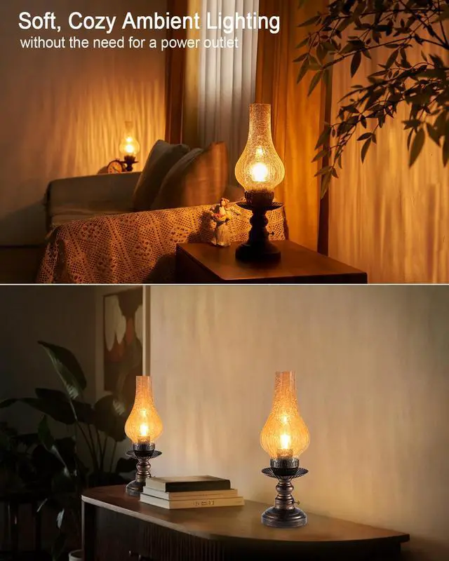 Alt view image 3 of 7 - Vintage Rechargeable Cordless Table Lamp with Dimmer & Touch Control, Small Battery Powered Lights, Amber Hand-Blown Glass Retro Farmhouse Lamp for Bedroom, Living Room, Dining Table, Kitchen