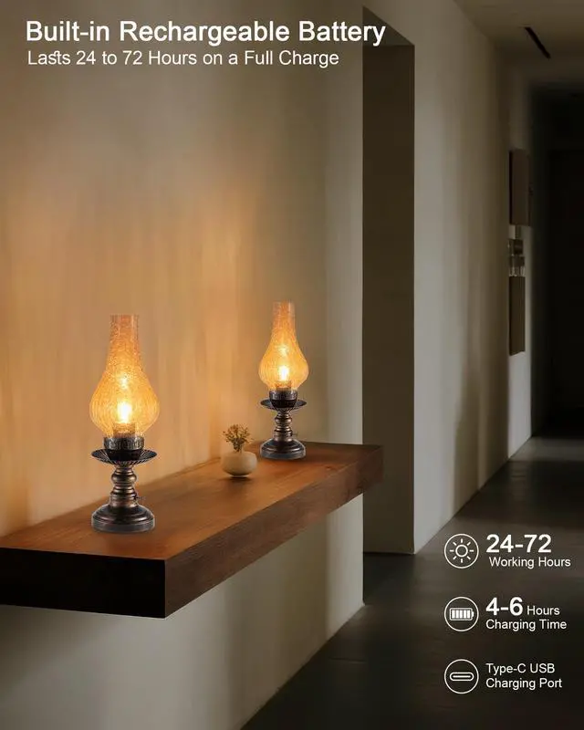 Alt view image 5 of 7 - Vintage Rechargeable Cordless Table Lamp with Dimmer & Touch Control, Small Battery Powered Lights, Amber Hand-Blown Glass Retro Farmhouse Lamp for Bedroom, Living Room, Dining Table, Kitchen