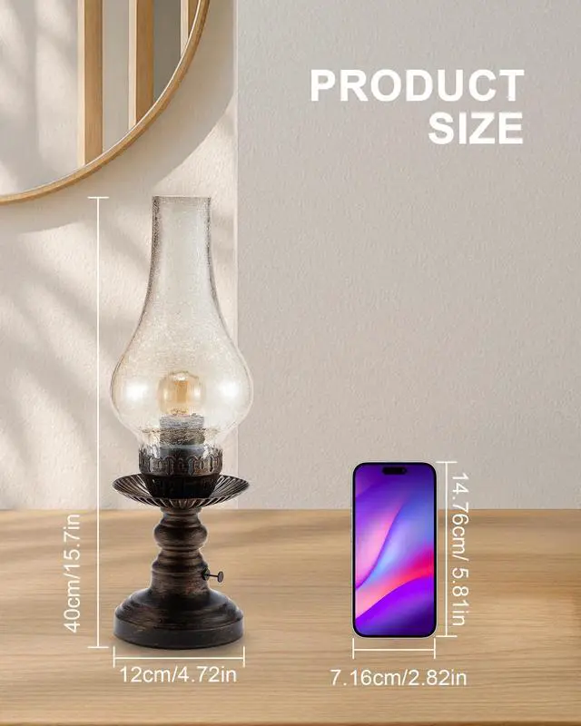 Alt view image 7 of 7 - Vintage Rechargeable Cordless Table Lamp with Dimmer & Touch Control, Small Battery Powered Lights, Amber Hand-Blown Glass Retro Farmhouse Lamp for Bedroom, Living Room, Dining Table, Kitchen