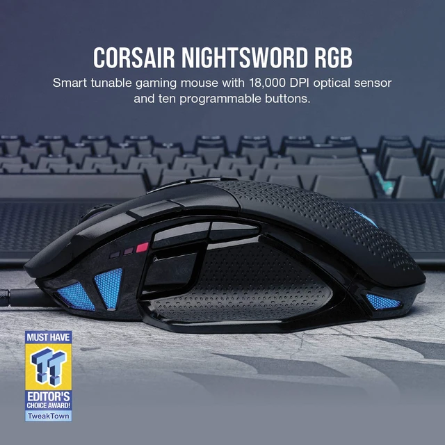 Alt view image 2 of 7 - NIGHTSWORD RGB Adjustable Weight FPS MOBA PC Gaming Mouse Black | 18,000 DPI, 10 Programmable Buttons, Thumb Rest, iCUE Compatible, Wired