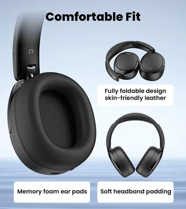 Alt view image 6 of 7 - W80 Over Ear Headphones with -49dB Active Noise Cancelling, Black