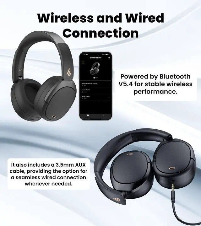 Alt view image 7 of 7 - W80 Over Ear Headphones with -49dB Active Noise Cancelling, Black