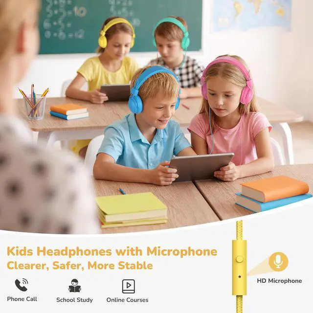 Alt view image 4 of 7 - Kids Headphones Wired Bulk 5-Pack for K-12 School Library Travel | HD Microphone, 85dB Volume Limit, SharePort, Stickers, 3.5mm Jack for Chromebook/Computer -Light Color