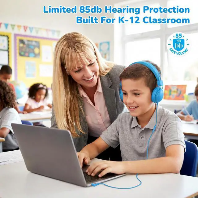 Alt view image 2 of 7 - Kids Headphones Wired Bulk 5-Pack for K-12 School Library Travel | HD Microphone, 85dB Volume Limit, SharePort, Stickers, 3.5mm Jack for Chromebook/Computer -Light Color