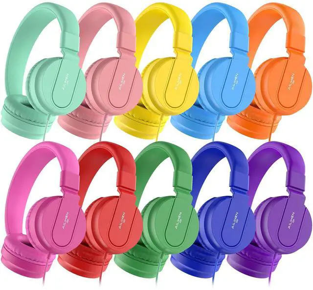 Main image of Classroom Headphones Kids Bulk 10-Pack with Mic, 93dB Safe Volume | On-Ear Wired School K-12 Student Headset with Microphone, Durable 3.5mm Jack for Class Set Library Computer Chromebook Laptop