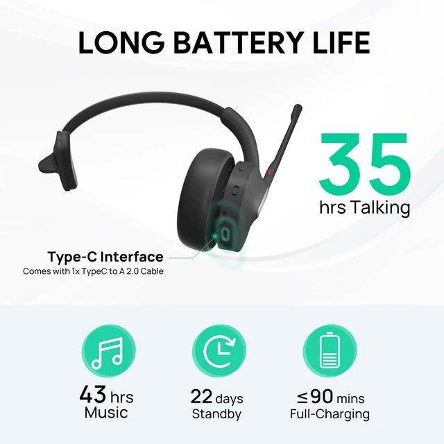 Alt view image 3 of 7 - BH70 Mono Wireless Headset with Mic for Work, Bluetooth Headphone Teams Certified, up to 35h Talk Time, 91g Lightweight Comfort, USB-C to A