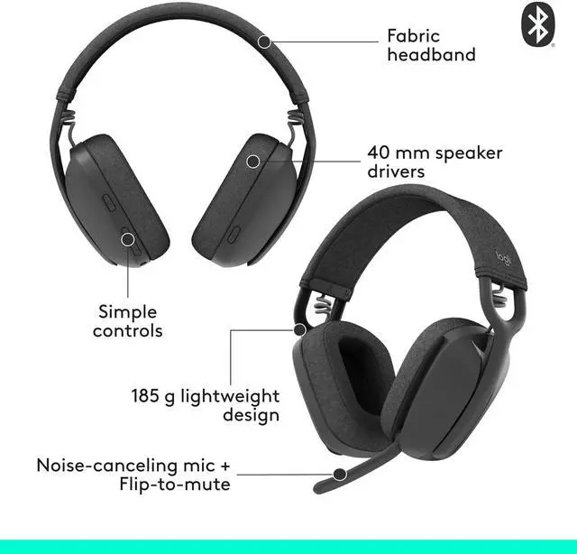 Alt view image 7 of 7 - Zone Vibe 100 Lightweight Wireless Over Ear Headphones with Noise Canceling Microphone, Advanced Multipoint Bluetooth Headset, Works with Teams, Google Meet, Zoom, Mac/PC - Graphite