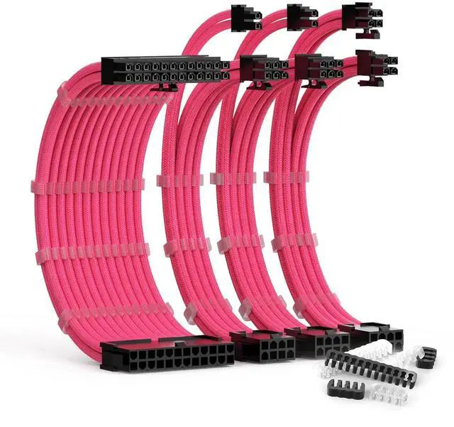 Main image of PSU Extension Kit With Cable Combs - 24Pin/8Pin EPS/8Pin PCI-E, 30CM Length, Sleeved for ATX Power Supply (Pink)