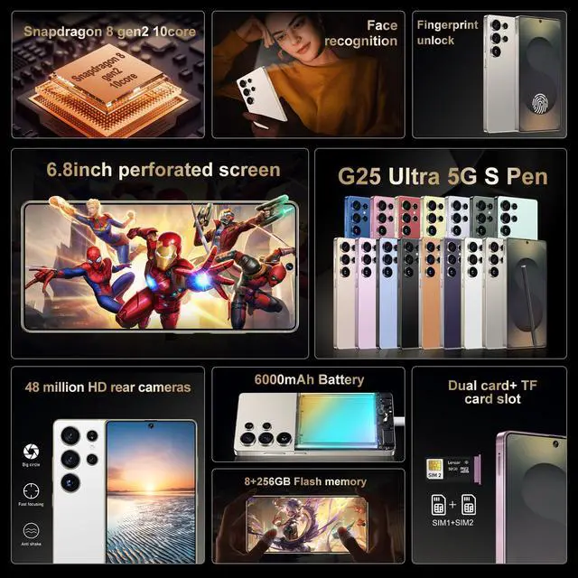 Alt view image 2 of 7 - GAMAKOO G25 Ultra S Pen 8gb+256GB Dual SIM 5G Smartphone Unlocked Cell Phone Android 15 Deep Puple