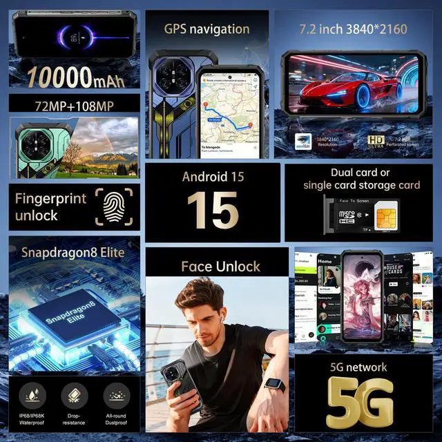 Alt view image 2 of 6 - GAMAKOO R26 Ultra 5G Rugged Smartphone Dual Sim 12GB+256G Unlocked Cell Phone 7.2" Screen Android 15 Deca Core 72+108MP 10000mAh Purple