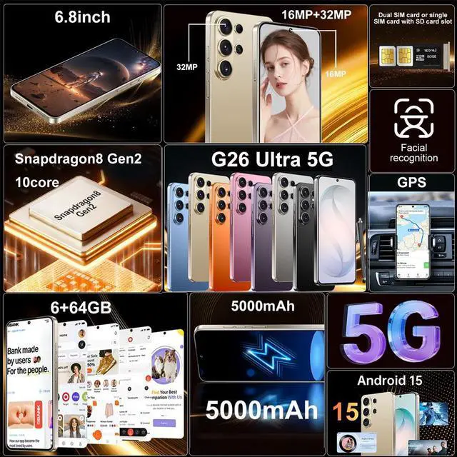 Alt view image 2 of 7 - GAMAKOO G26 Ultra 5G 6GB+64GB Dual SIM Unlocked Cell Phone Smartphone Deca Core Android 15 16MP+32MP 5000mAh