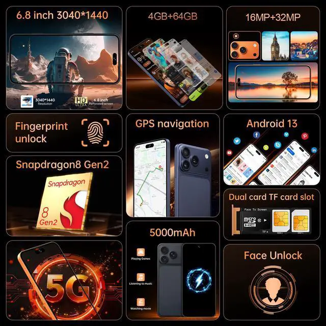 Alt view image 2 of 7 - GAMAKOO G17 Pro Max 5G Smartphone 4G+64G Dual Sim Android Unlocked Cell Phone 5000mAh 16MP+32MP