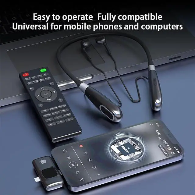 Alt view image 6 of 7 - E8 Wireless Neckband Headset, Built-in Sound Card Noise Cancelling Microphone, Remote Control, Great for Gaming, Live, TikTokk Video, PC/Phone/Tablet Compatible