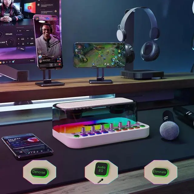 Alt view image 3 of 7 - Portable Bluetooth Karaoke Machine Live Sound Card Audio with 2 Wireless Microphones, PA System with Treble/Bass, Voice Changer with Sound Effects for Live Broadcast/Recording PC/Gaming/Phone