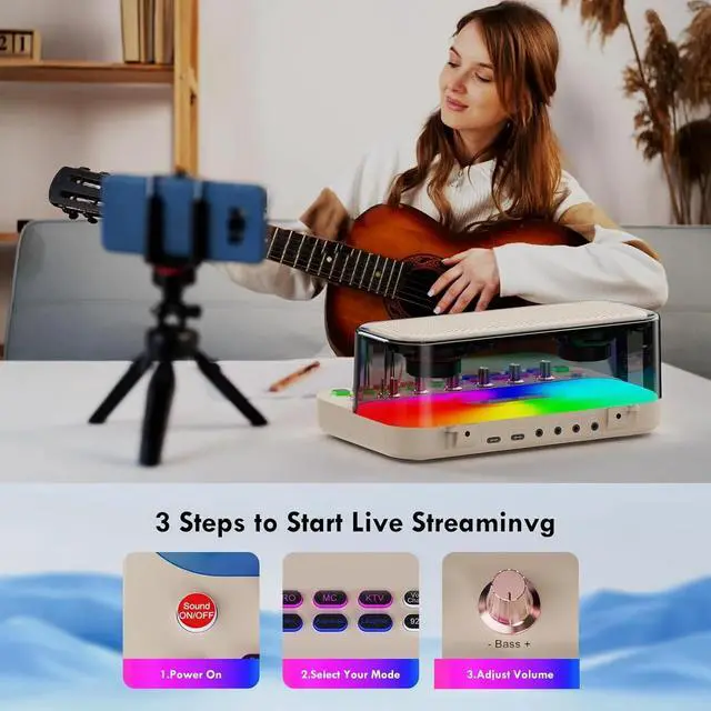 Alt view image 4 of 7 - Portable Bluetooth Karaoke Machine Live Sound Card Audio with 2 Wireless Microphones, PA System with Treble/Bass, Voice Changer with Sound Effects for Live Broadcast/Recording PC/Gaming/Phone