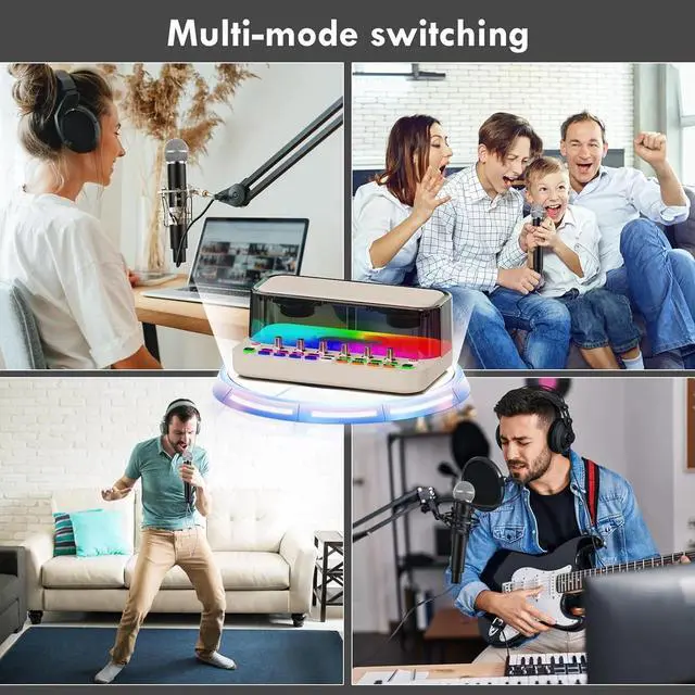 Alt view image 7 of 7 - Portable Bluetooth Karaoke Machine Live Sound Card Audio with 2 Wireless Microphones, PA System with Treble/Bass, Voice Changer with Sound Effects for Live Broadcast/Recording PC/Gaming/Phone