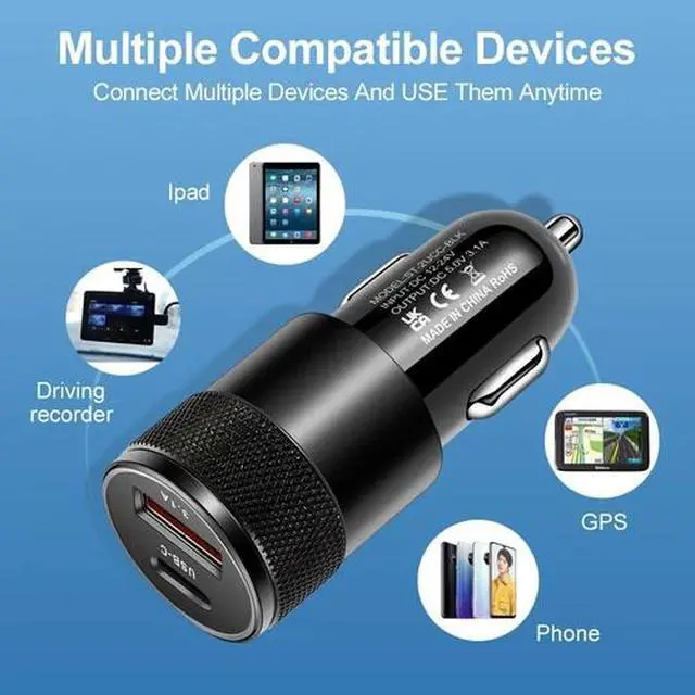 Alt view image 3 of 7 - 2Pack 15W Fast Charging 2 Port PD USB-C Car Charger Adapter For iPhone Samsung Black