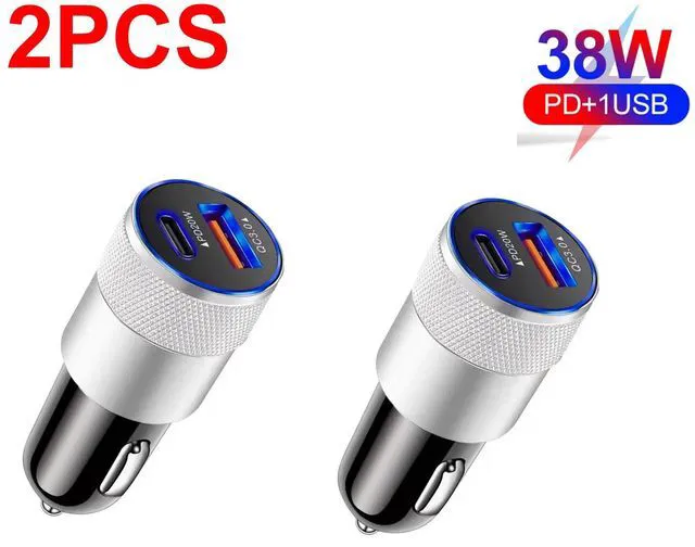 Main image of 2Pack 38W Fast Charging 2 Port PD USB-C Car Charger Adapter For iPhone Samsung Silver