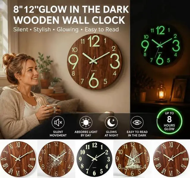 Main image of 12'' Wall Clock Large Luminous Quartz Night Light Glow In The Dark Silent Home Black