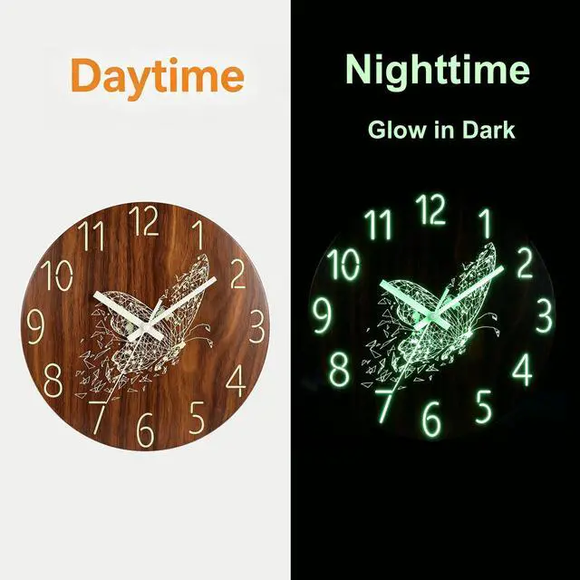 Main image of 12'' Wall Clock Large Luminous Quartz Night Light Glow In The Dark Silent Home Butterfly