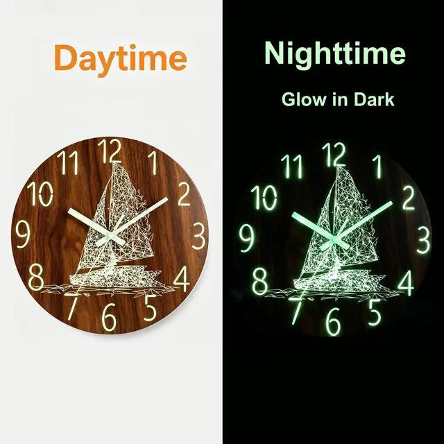 Main image of 8'' Wall Clock Large Luminous Quartz Night Light Glow In The Dark Silent Home Boat