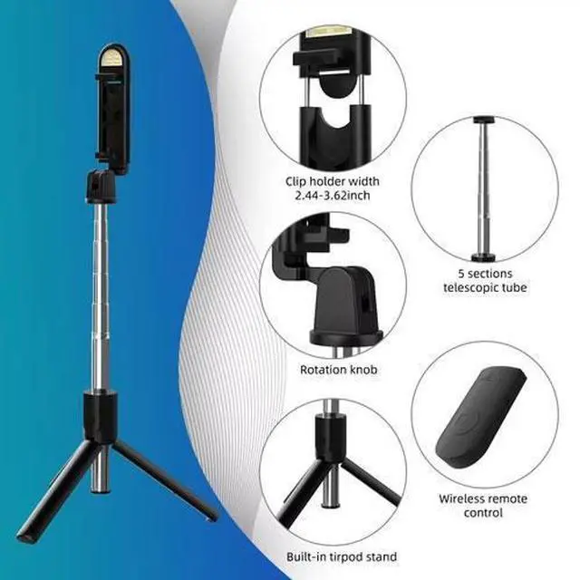 Alt view image 6 of 7 - US Selfie Stick Tripod Remote Desktop Stand Phone Holder For iPhone Samsung Black 1pc