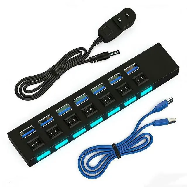 Main image of 7-Port USB 3.0 Hub Powered Charger Splitter with Switch & AC Power Adapter for PC Laptop Desktop