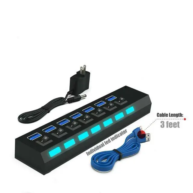 Alt view image 4 of 6 - 7-Port USB 3.0 Hub Powered Charger Splitter with Switch & AC Power Adapter for PC Laptop Desktop