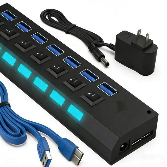 Alt view image 6 of 6 - 7-Port USB 3.0 Hub Powered Charger Splitter with Switch & AC Power Adapter for PC Laptop Desktop