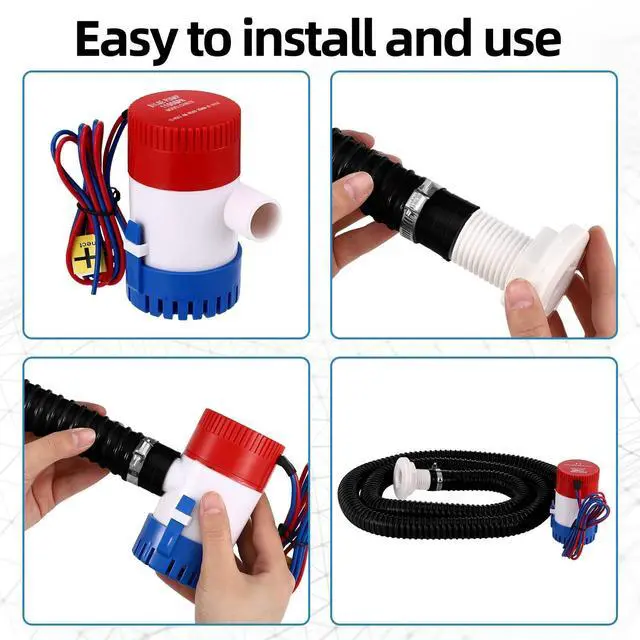 Alt view image 5 of 7 - 1100 GPH Bilge Pump Kit 12V Electric Boat Water Submersible 6ft Hose Clamps Thru-12V GFBP1Pump+hose