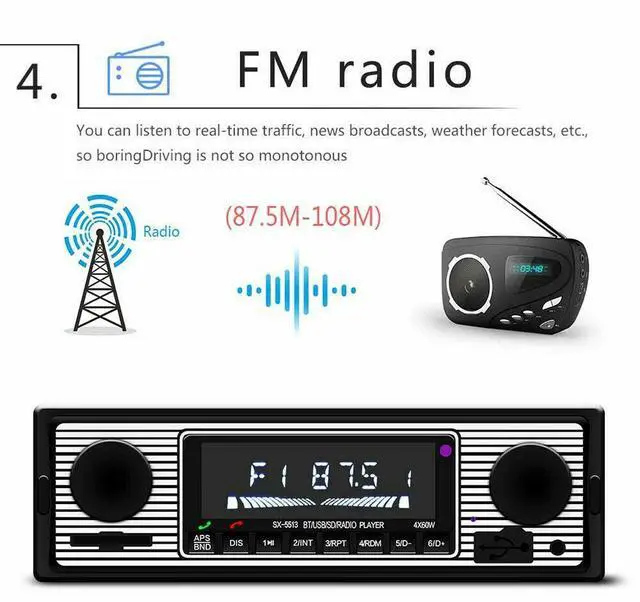 Alt view image 6 of 7 - Bluetooth Vintage Car FM Radio MP3 Player USB Classic Stereo Audio Receiver AUX