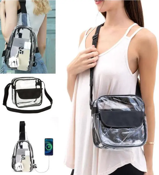 Alt view image 5 of 7 - Clear USB Tote Bag PVC Zipper Stadium Approved Shoulder Handbag Purse Chest Blue