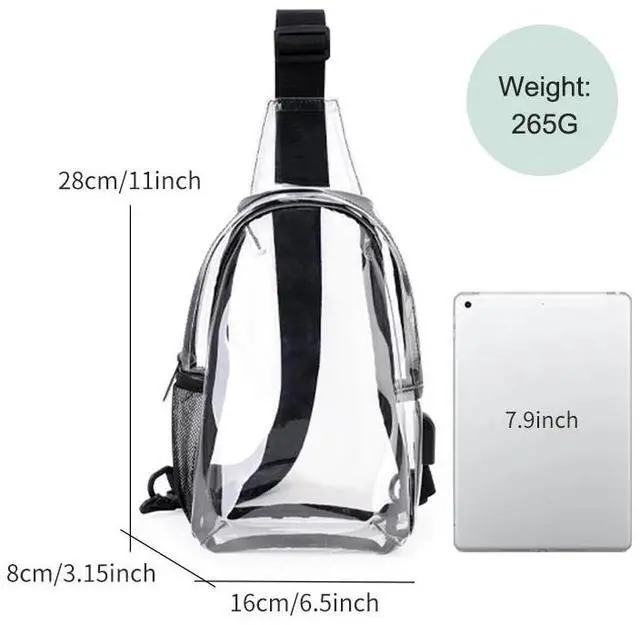 Alt view image 7 of 7 - Clear USB Tote Bag PVC Zipper Stadium Approved Shoulder Handbag Purse Chest Blue