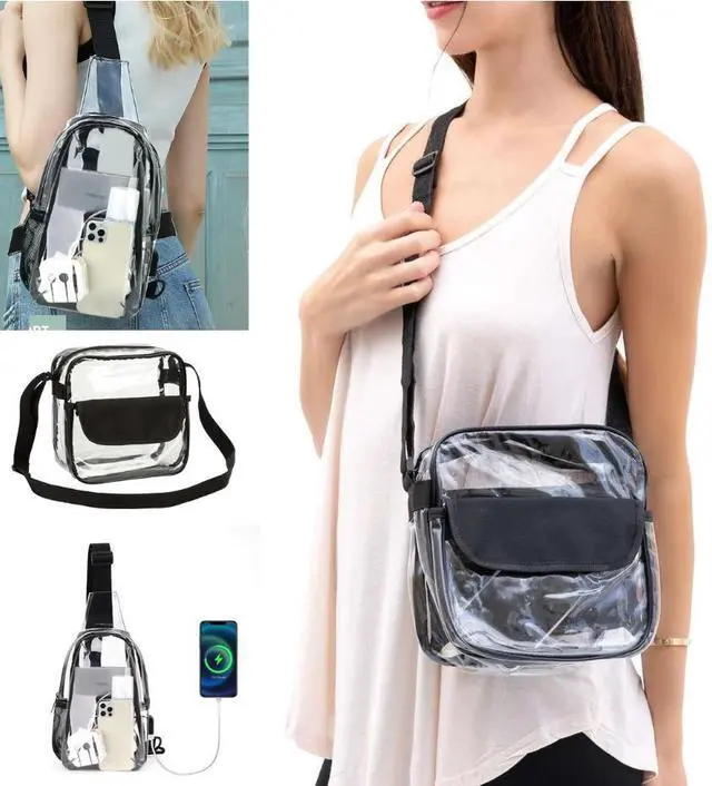 Alt view image 5 of 6 - Clear USB Tote Bag PVC Zipper Stadium Approved Shoulder Handbag Purse Chest Pink