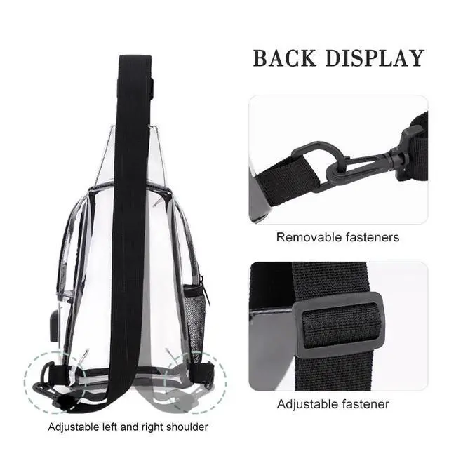 Alt view image 6 of 6 - Clear USB Tote Bag PVC Zipper Stadium Approved Shoulder Handbag Purse Chest Pink